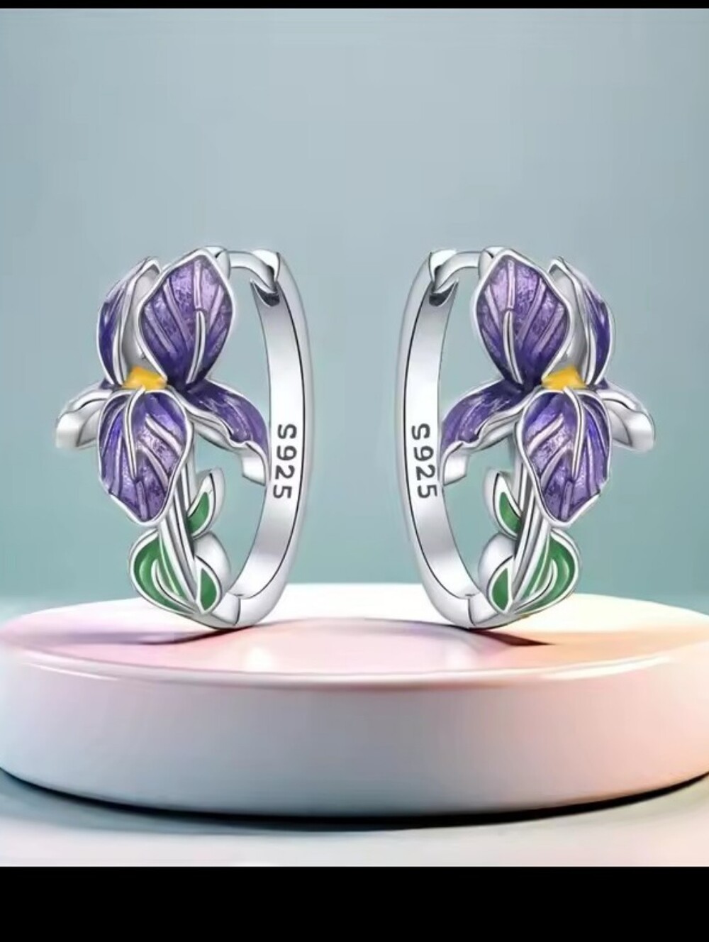 Sterling Silver Purple Iris Hoop Earrings Women's New Jewelry G33